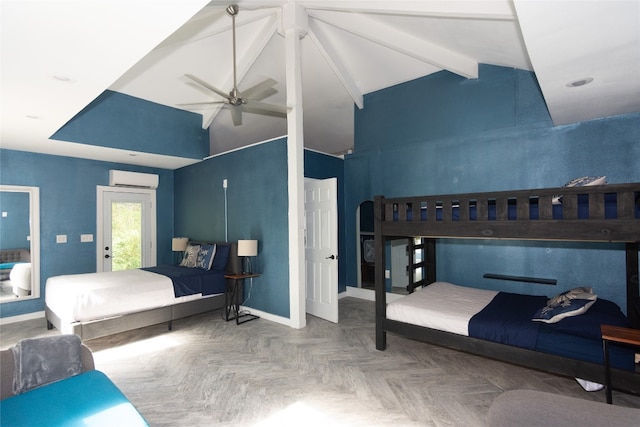 bedroom with ceiling fan, beam ceiling, parquet floors, a wall mounted AC, and high vaulted ceiling