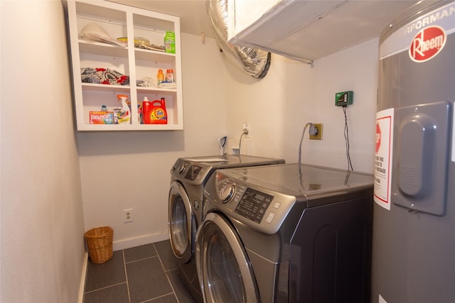 washroom with washer and dryer and water heater