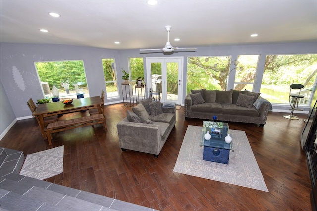 living room featuring french doors, vaulted ceiling, dark hardwood / wood-style flooring, and ceiling fan