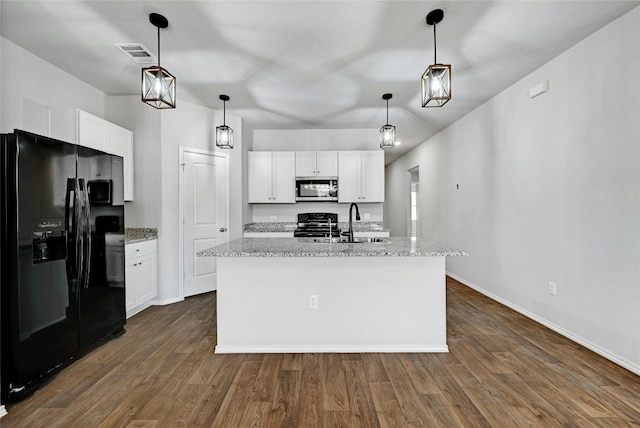 kitchen with an island with sink, decorative light fixtures, white cabinetry, and black appliances