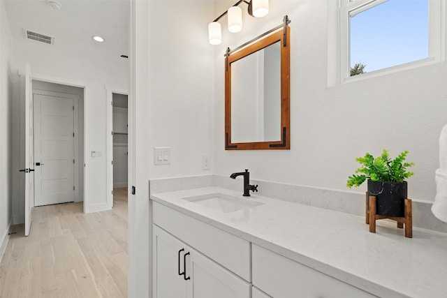 bathroom with hardwood / wood-style floors and vanity