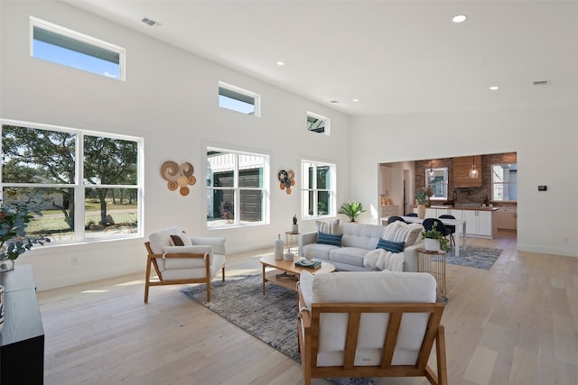 living room with a high ceiling and light hardwood / wood-style flooring