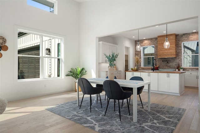 dining area with a wealth of natural light, sink, and light wood-type flooring