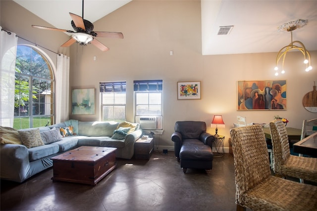 living room featuring high vaulted ceiling, cooling unit, ceiling fan, and plenty of natural light