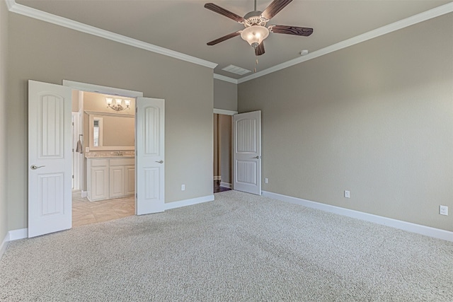 unfurnished bedroom featuring ceiling fan, light colored carpet, and crown molding