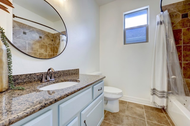 full bathroom with vanity, shower / tub combo with curtain, and toilet