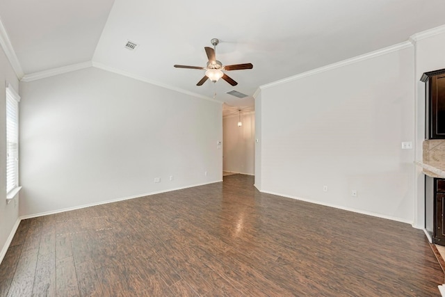 unfurnished living room with crown molding, ceiling fan, and dark hardwood / wood-style floors