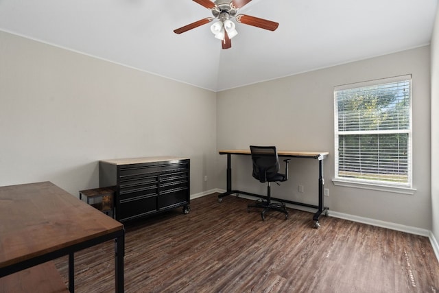 office with dark hardwood / wood-style flooring, vaulted ceiling, and ceiling fan