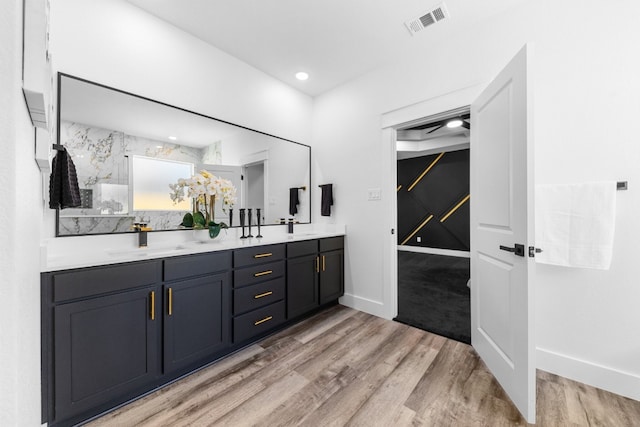 bathroom with hardwood / wood-style floors and vanity