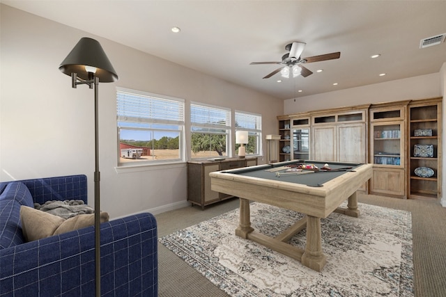 1120 Canyon View Rd, Dripping Springs, TX 78620 - rec room with light carpet, ceiling fan, billiards, and recessed lighting