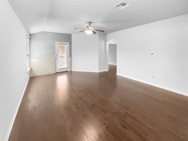 305 Rock Mill Loop, Georgetown, TX 78626 - unfurnished living room featuring vaulted ceiling, a ceiling fan, dark wood finished floors, and baseboards