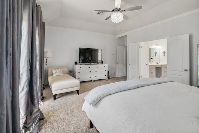 bedroom with ceiling fan, carpet, and ornamental molding