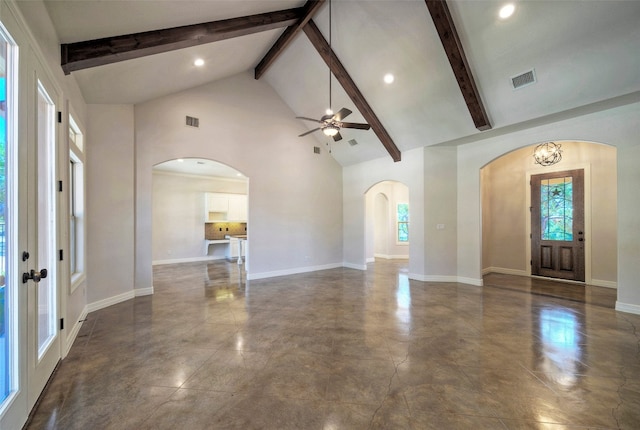 entryway with high vaulted ceiling, beamed ceiling, and ceiling fan