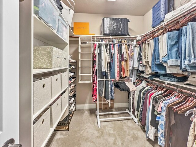 walk in closet with light colored carpet