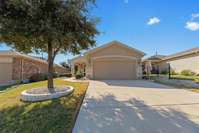 ranch-style house with a front yard and a garage