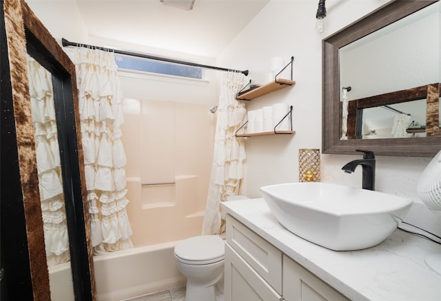 full bathroom with vanity, tile patterned flooring, toilet, and shower / bathtub combination with curtain