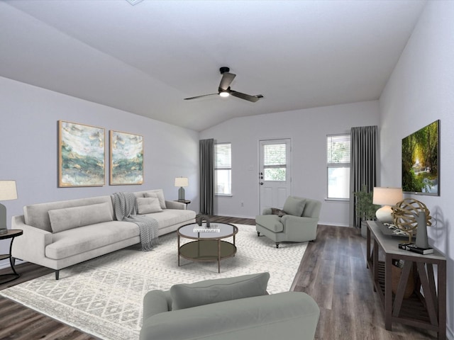 living room with ceiling fan, lofted ceiling, and hardwood / wood-style floors