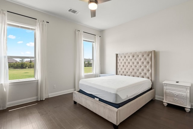 bedroom featuring dark wood-type flooring, ceiling fan, and multiple windows