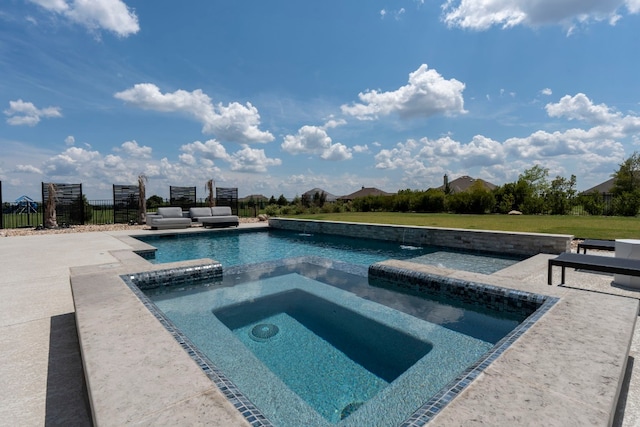 view of pool featuring a patio, a yard, and an in ground hot tub