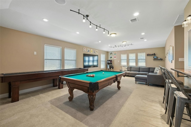 game room with light carpet and billiards