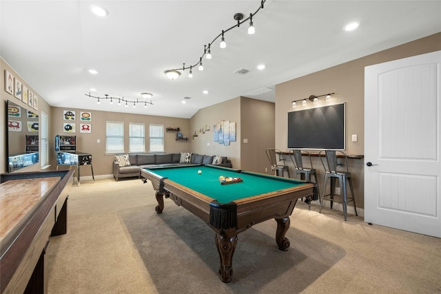 recreation room with pool table and light carpet