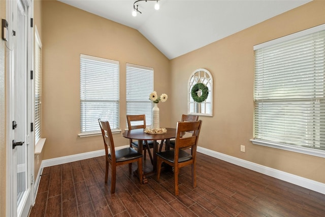 dining area with a healthy amount of sunlight, vaulted ceiling, and dark hardwood / wood-style floors