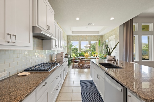 kitchen featuring sink, a raised ceiling, white cabinetry, and stainless steel appliances