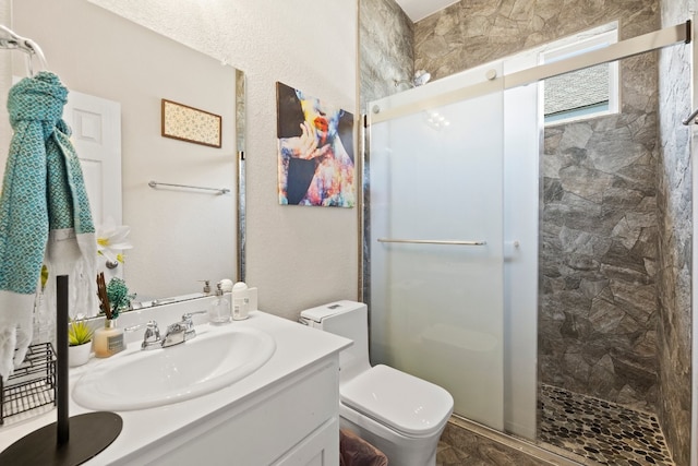 bathroom with vanity, toilet, and a shower with shower door