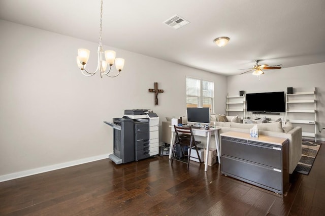 office space with ceiling fan with notable chandelier and dark hardwood / wood-style floors