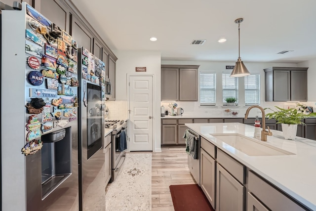 kitchen featuring sink, light hardwood / wood-style floors, hanging light fixtures, appliances with stainless steel finishes, and backsplash