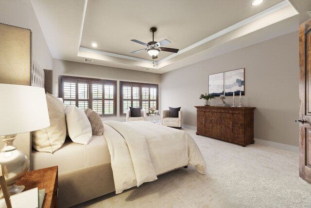 bedroom featuring a raised ceiling, carpet flooring, recessed lighting, and baseboards