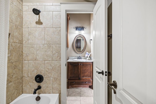 full bathroom with bathtub / shower combination, tile patterned floors, and vanity