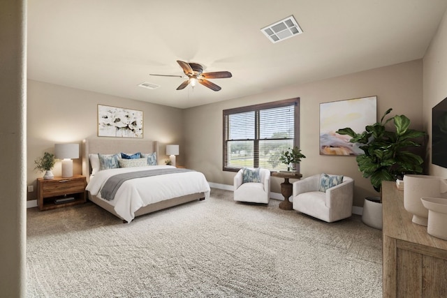 bedroom featuring visible vents, baseboards, carpet, and ceiling fan