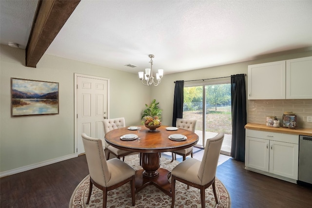 dining room with beamed ceiling, dark hardwood / wood-style floors, and a chandelier