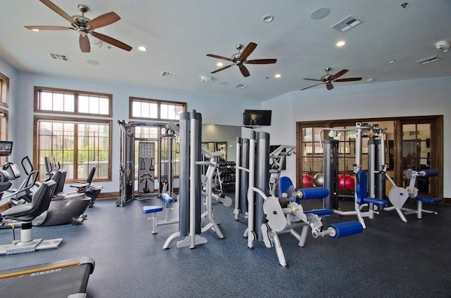 gym featuring ceiling fan