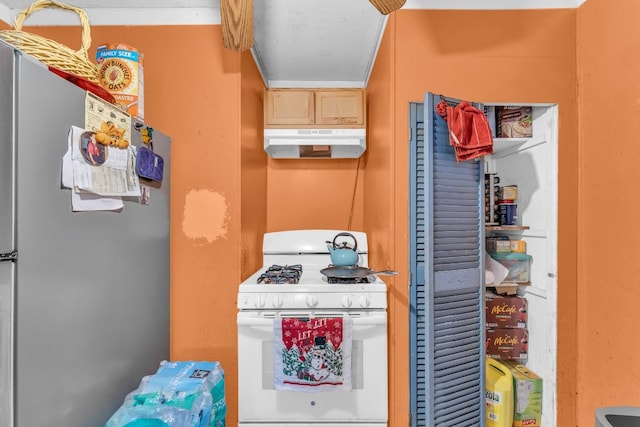 kitchen featuring stainless steel fridge, white gas range, and light brown cabinetry