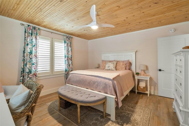 bedroom featuring crown molding, wood ceiling, light hardwood / wood-style flooring, and ceiling fan