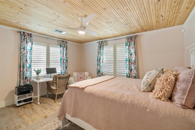 bedroom with light wood-type flooring, crown molding, ceiling fan, and wood ceiling