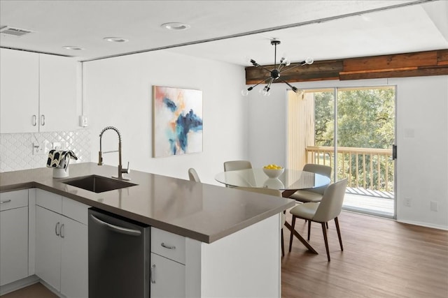 kitchen featuring white cabinets, kitchen peninsula, tasteful backsplash, and sink