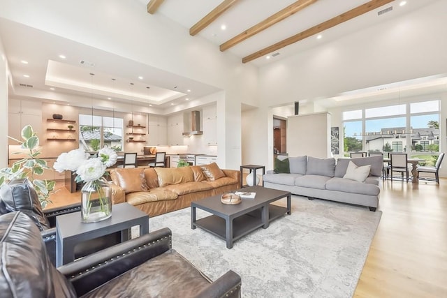 501 Delayne Dr, Austin, TX 78737 - living area featuring light wood-style flooring, a tray ceiling, recessed lighting, a towering ceiling, and beam ceiling