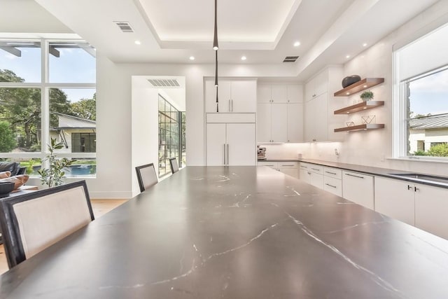 501 Delayne Dr, Austin, TX 78737 - kitchen with dark countertops, plenty of natural light, white cabinetry, open shelves, and recessed lighting