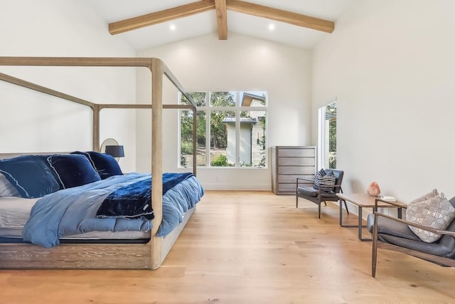 501 Delayne Dr, Austin, TX 78737 - bedroom with beam ceiling, multiple windows, high vaulted ceiling, light wood-style floors, and recessed lighting