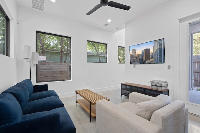 living room featuring ceiling fan