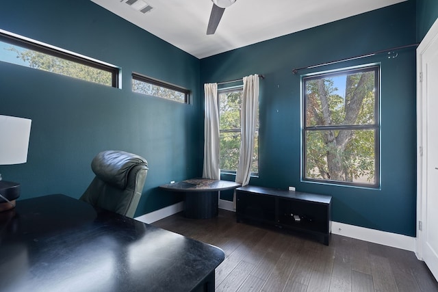 office space featuring dark hardwood / wood-style flooring, ceiling fan, and a wealth of natural light