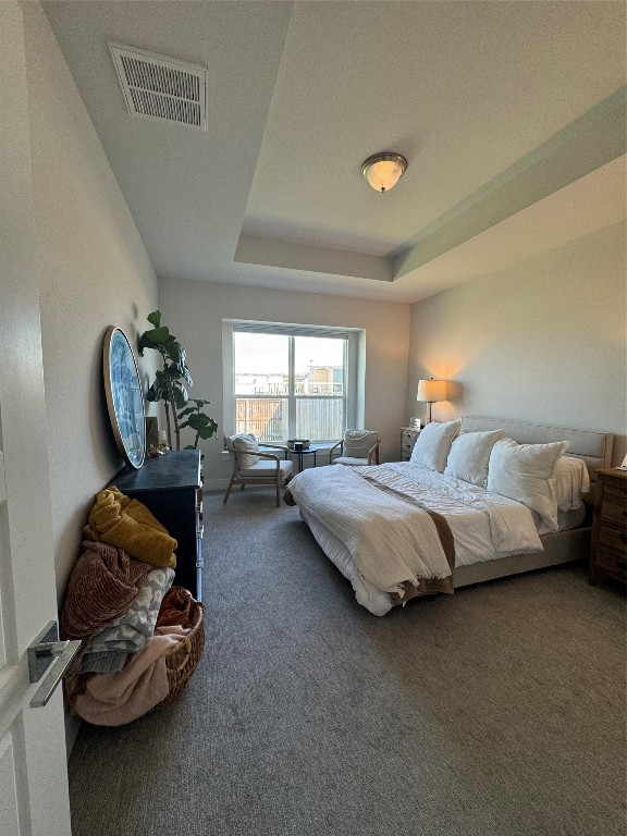 bedroom featuring carpet floors and a tray ceiling