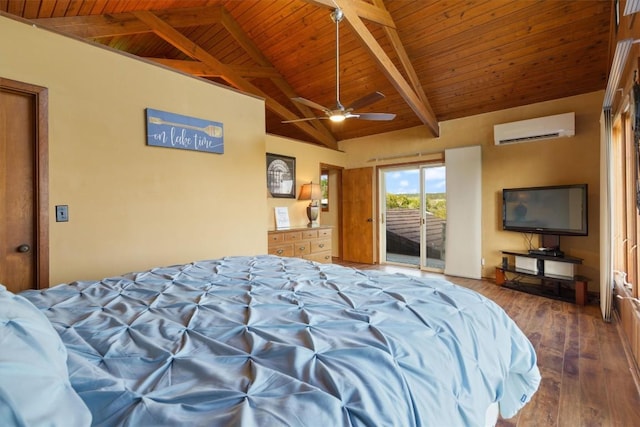 bedroom with vaulted ceiling with beams, wood ceiling, access to outside, an AC wall unit, and dark hardwood / wood-style floors