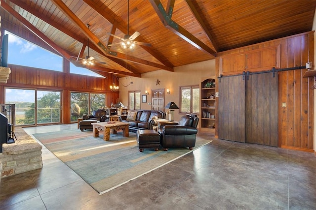 living room featuring high vaulted ceiling, concrete floors, beam ceiling, and wooden walls