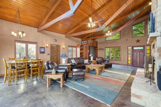 living room with beam ceiling, wood ceiling, high vaulted ceiling, and a healthy amount of sunlight