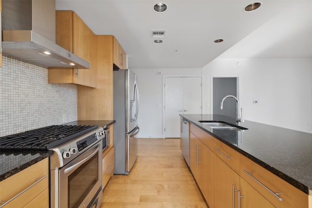 kitchen featuring tasteful backsplash, wall chimney exhaust hood, sink, light hardwood / wood-style flooring, and appliances with stainless steel finishes