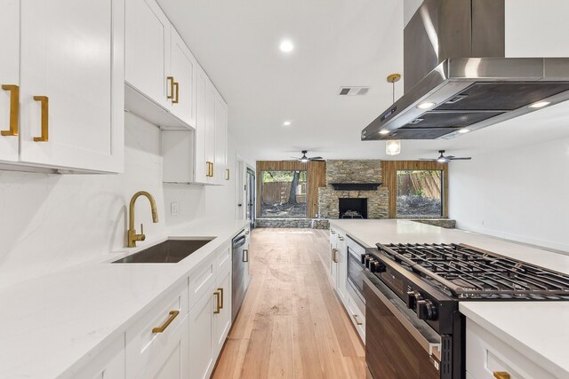 kitchen featuring white cabinetry, stainless steel appliances, wall chimney exhaust hood, and sink